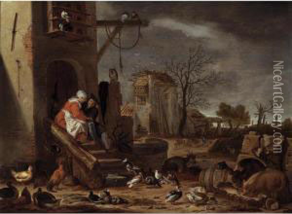 A Farmyard With The Parable Of The Prodigal Son Oil Painting - Cornelis Saftleven