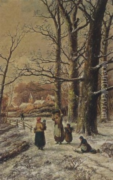 Wood Gatherers In A Winter Forest Oil Painting - Hendrik Barend Koekkoek