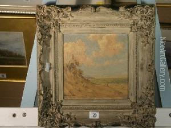 Busy Harvesting Scene And Distant Castle Oil Painting - Albert Pollitt