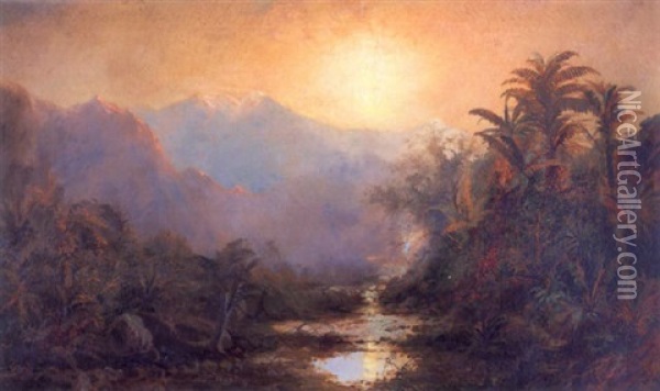 Waterfall In A Tropical Landscape, Sunset Oil Painting - Edmund Darch Lewis