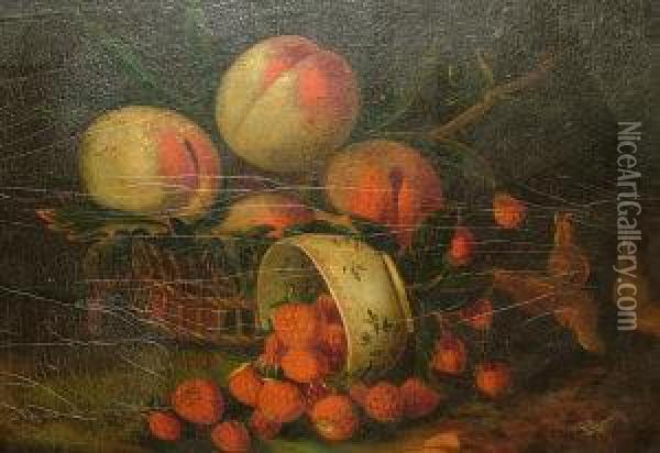 Strawberries And Beaches With A Bowl And A Basket And Peaches, Grapes And Strawberries On A Ledge Oil Painting - William Jones Of Bath
