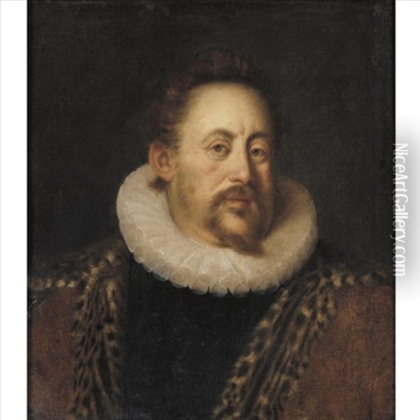 Portrait Of Count Otto Heinrich Von Schwarzenberg, Half Length, Wearing A White Ruff And A Leopard Skin Cloak Oil Painting - Hans Von Aachen