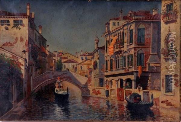 Venetian Canal Scene With Gondolas Oil Painting - William Livingstone Anderson