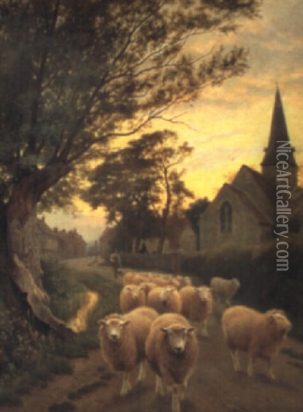 A Kentish Village With A Sheep Drover At Dusk Oil Painting - William Sidney Cooper