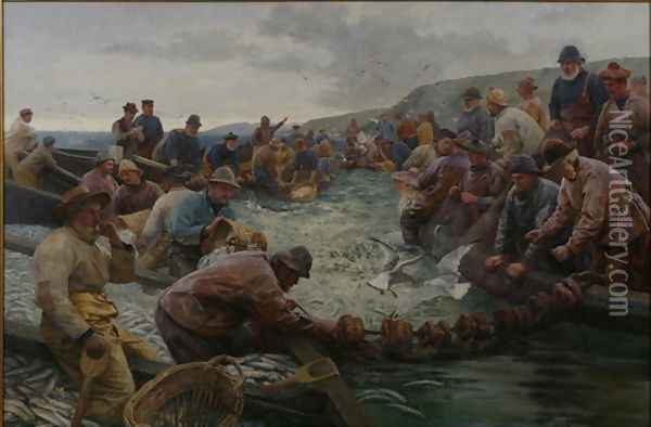 Tucking a School of Pilchards, 1897 Oil Painting - Percy Robert Craft