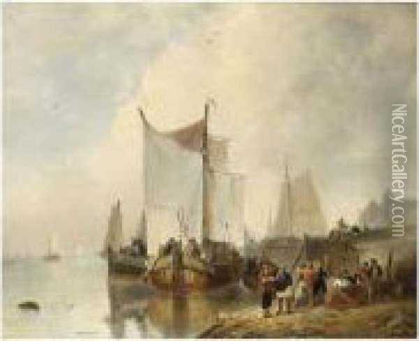Moored Sailing Vessels Near A Harbour Oil Painting - Wijnandus Johannes Josephus Nuijen