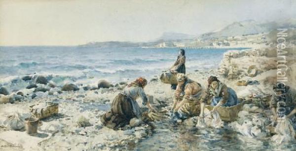 Wascherinnen An Der Meereskuste Oil Painting - Arthur Alfred Burrington
