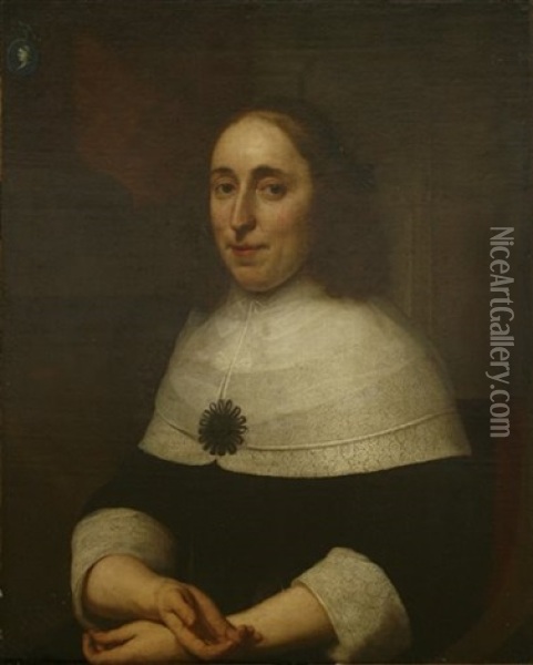 Portrait Of A Lady, Half-length, In A Black Dress And White Lace Collar And Sleeves Oil Painting - Bartholomeus Van Der Helst