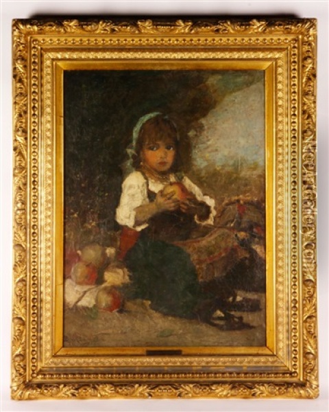 Child With An Apple Oil Painting - Lajos Bruck