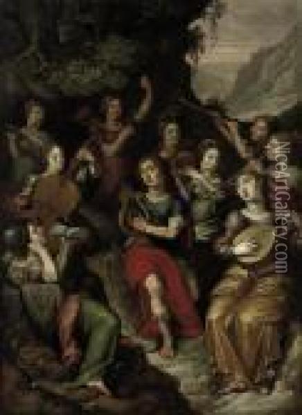 Apollo And The Nine Muses Oil Painting - Maarten de Vos