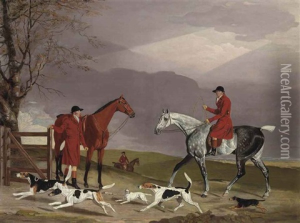 Thomas Oldaker On A Gray Hunter, With Other Huntsmen, Hounds And Terriers, In A Landscape Oil Painting - Benjamin Marshall