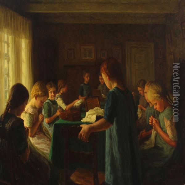 Group Of Young Girls Sewing Oil Painting - Valdemar Magaard