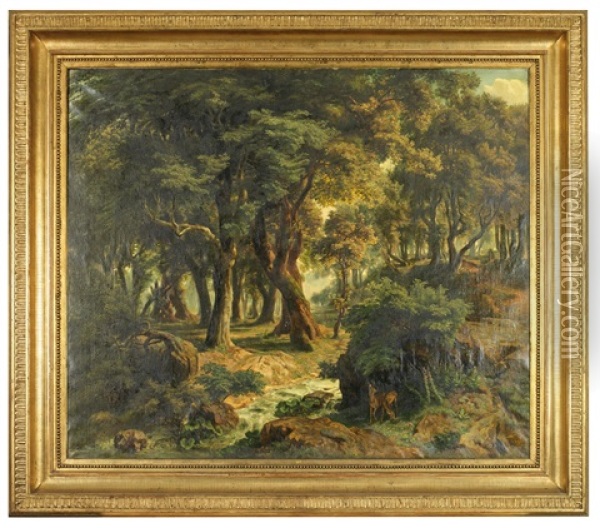 Waldlandschaft Mit Rotwild Oil Painting - Josef Hoffmann