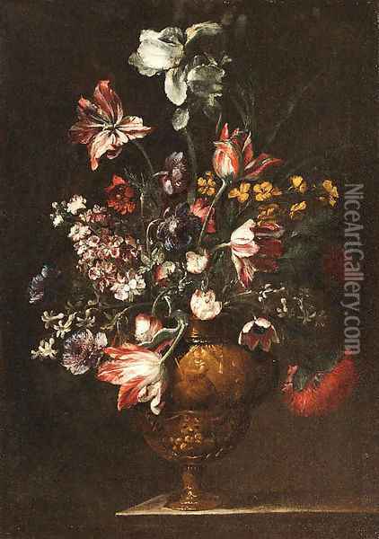 Tulips, Roses, Carnations and other Flowers in bronze Vases on stone Ledges Oil Painting - Bartolome Perez