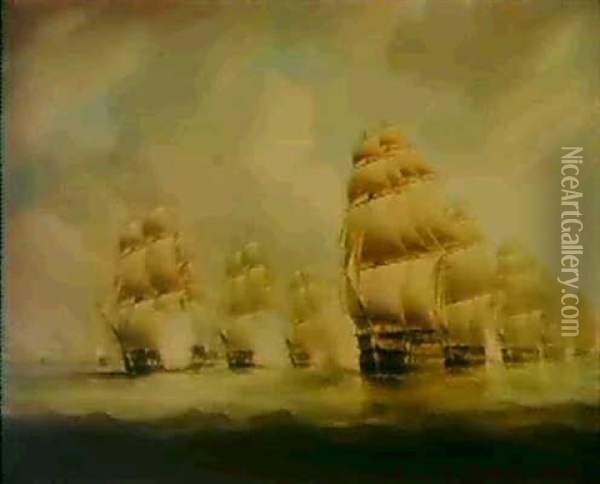 The Action Of Commodore Dance And The Comte De Linois Off   The Straits Of Malacca, 15th February 1804 Oil Painting - Thomas Buttersworth