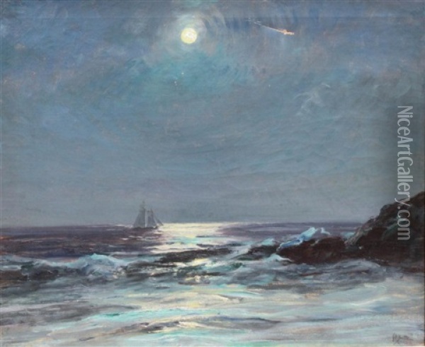Fishing Schooner In Moonlight - Maine Coast Oil Painting - Howard Russell Butler