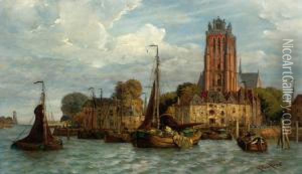 View Of Dordrecht Seen From The Water With The 'grote Kerk' In The Background Oil Painting - Fedor Poppe
