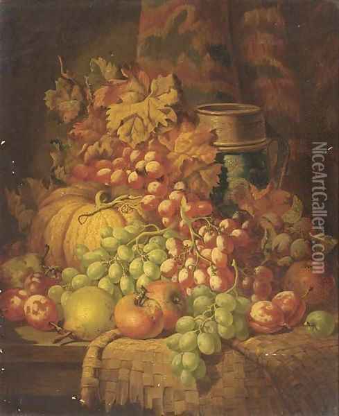 Grapes, apples, pears, plums, a gourd, and a stoneware tankard, on a ledge Oil Painting - Charles Thomas Bale