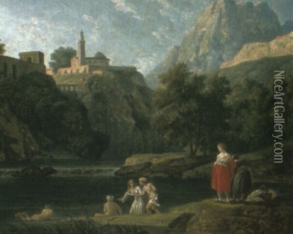 Classical Landscape With Figures Resting Near River Oil Painting - Nicolas Poussin