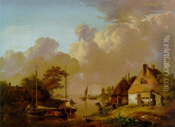 A River Landscape With A Village Oil Painting - Jan van Os