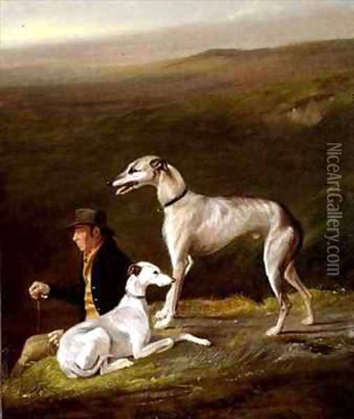 Old Sandy, Trainer to Alexander Graham, with Two Greyhounds in a Highland Landscape Oil Painting - R.G. Brown