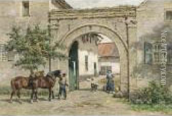 A Farmer With His Horses Entering A Courtyard Oil Painting - Willem Carel Nakken