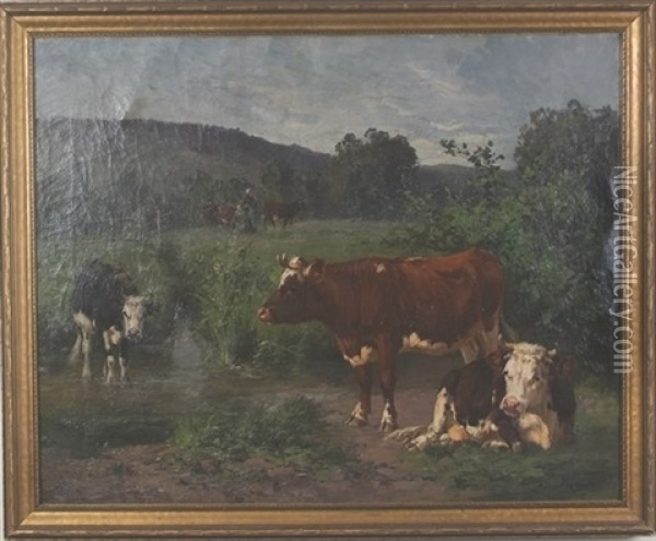 Pastoral Landscape With Cows Oil Painting - Aymar (Aimard Alexandre) Pezant