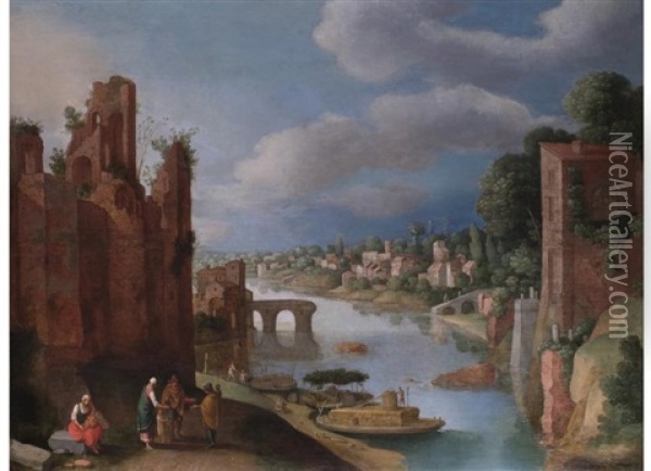 Romische Stadtvedute Mit Blick Auf Den Tiber Oil Painting - Willem van Nieulandt the Elder