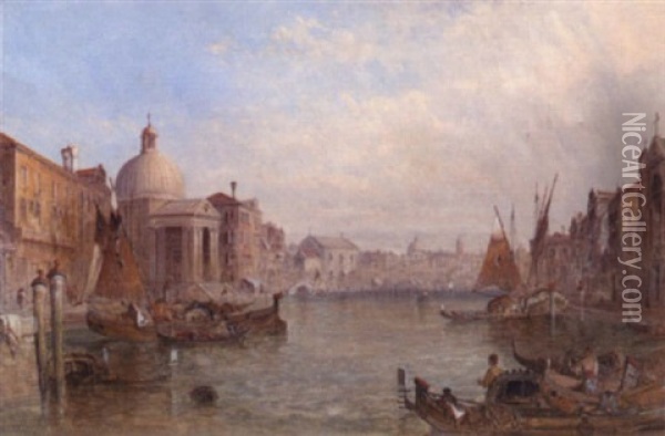 A View On The Grand Canal Near San Simeone Piccolo, Venice Oil Painting - Alfred Pollentine