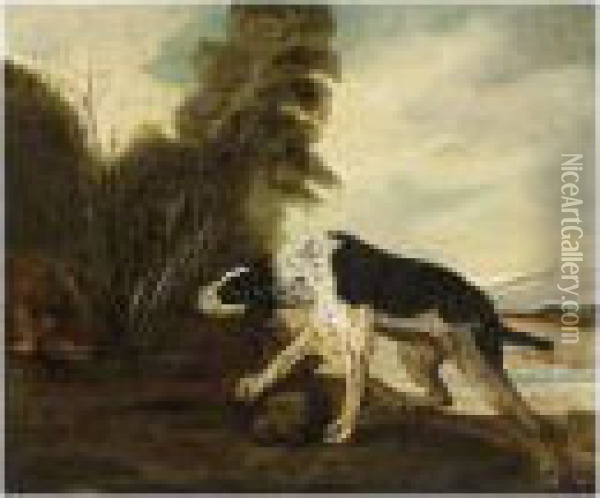 A Hound Stalking Birds In A Landscape Oil Painting - Alexandre-Francois Desportes