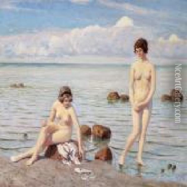 Summer Day On The Beach With Two Young Girls Oil Painting - Paul-Gustave Fischer