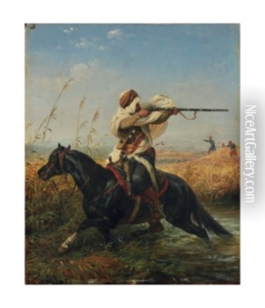Cavalier Arabe, Dit Aussi 'la Retraite' Oil Painting - Emile Jean Horace Vernet
