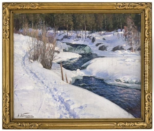 Winter Landscape With Open River Oil Painting - Adelsteen Normann