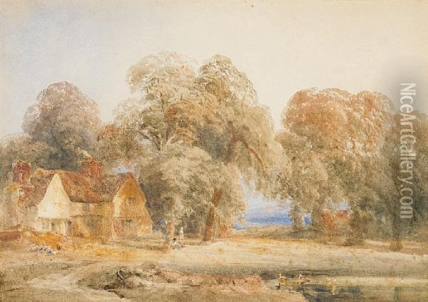 A Cottage By A Duck Pond Oil Painting - Peter de Wint