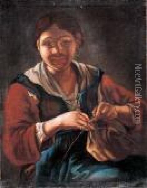 Giovane Donna Che Lavora A Maglia Oil Painting - Antonio Cifrondi