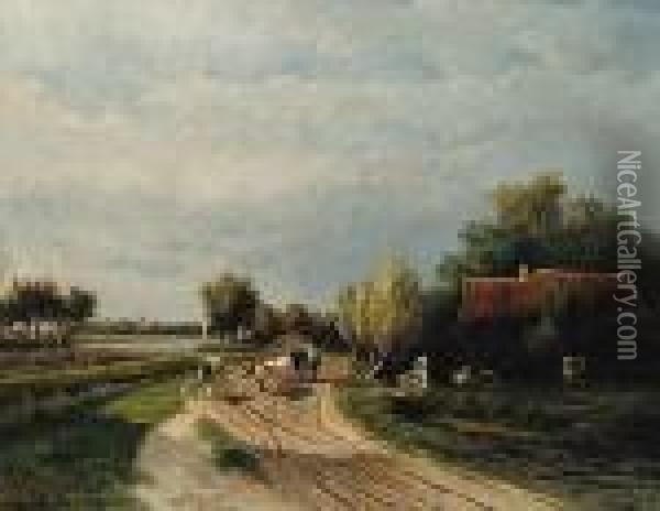 Untitled - A Cattle Wagon On A Road At Dusk Oil Painting - Paul Joseph Constantine Gabriel