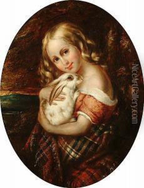 Portrait Of A Young Girl Holding A Rabbit Oil Painting - Reuben T.W. Sayers