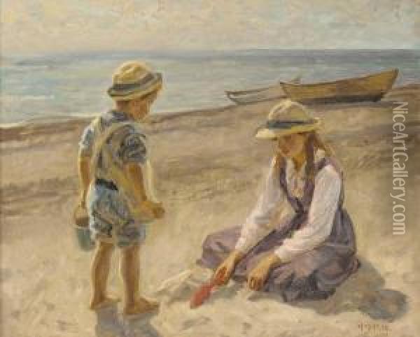 On The Beach Oil Painting - Johannes Martin Fastings Wilhjelm
