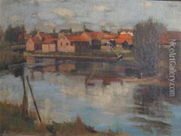 Houses Along A Canal Oil Painting - Henry Morley