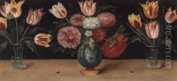 Bouquets De Tulipes Et Roses Sur Un Entablement Oil Painting - Jan van Kessel the Elder