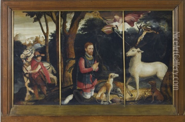 Miracle Of St Hubert (3 Works In 1 Frame) Oil Painting - Frans Pourbus the younger