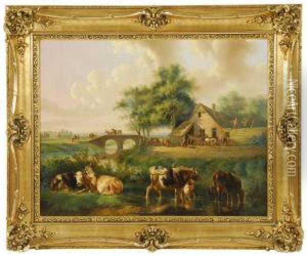 Dutch Farmyard With Cattle Oil Painting - Albertus Verhoesen