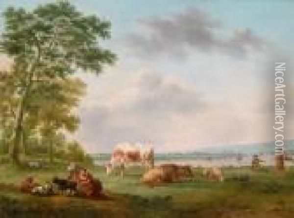 Ein Paar Landschaften Mit Hirten Mit Ihrem Vieh An Einem Flus Oil Painting - Hendrick Willelm Schweickhardt