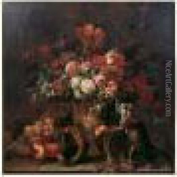 Bouquet De Fleurs, Coupe De Fruits Et Singe Sur Un Entablement Oil Painting - Gaspar-pieter The Younger Verbruggen
