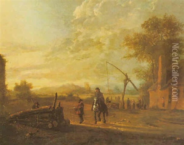 Landscape With A Horseman And Other Figures Beside A Well Oil Painting - Aelbert Cuyp