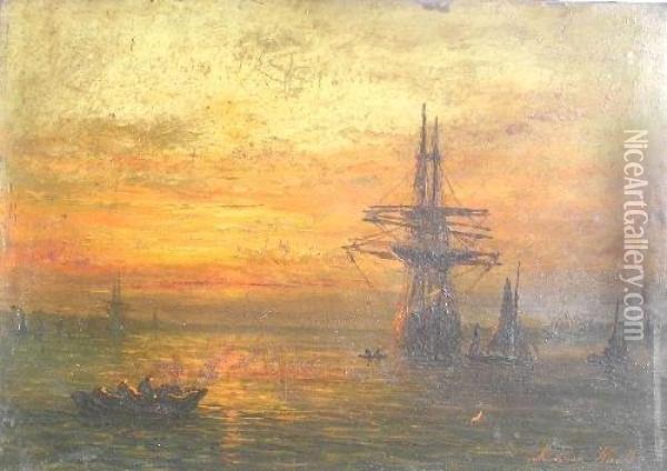 A Sunset Scene With Sailing Ship And Other Vessels In Harbour Oil Painting - Adolphus Knell