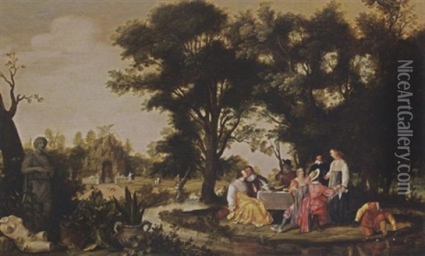 An Elegant Company Resting And Drinking In A Park Landscape Oil Painting - Willem Van Den Bundel