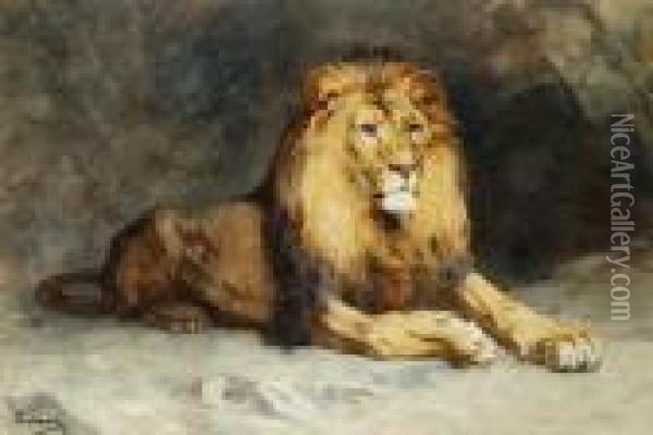 Lion Couche Oil Painting - Gustave Surand