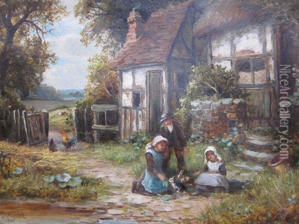 Children Feeding Rabbits Oil Painting - Robert John Hammond