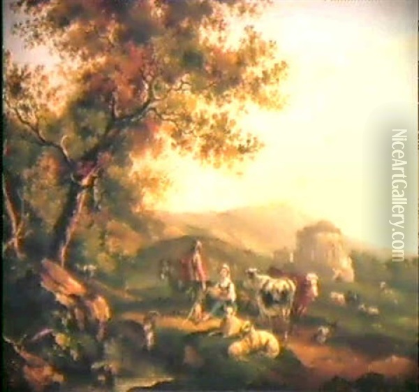 Hirtenpaar Mit Vieh In Einer Sudlichen Landschaft Oil Painting - Balthasar Paul Ommeganck
